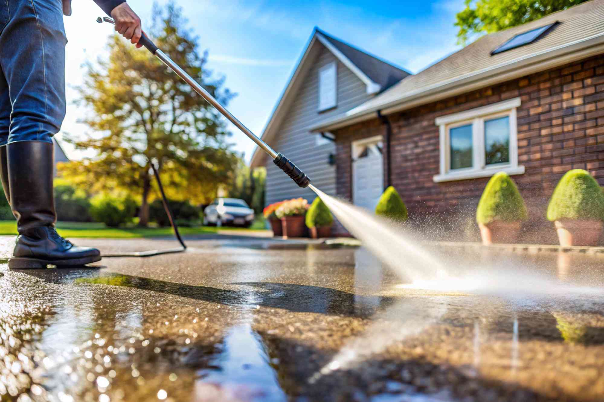 Pressure washing the paving outside a house with gardens and a car nearby