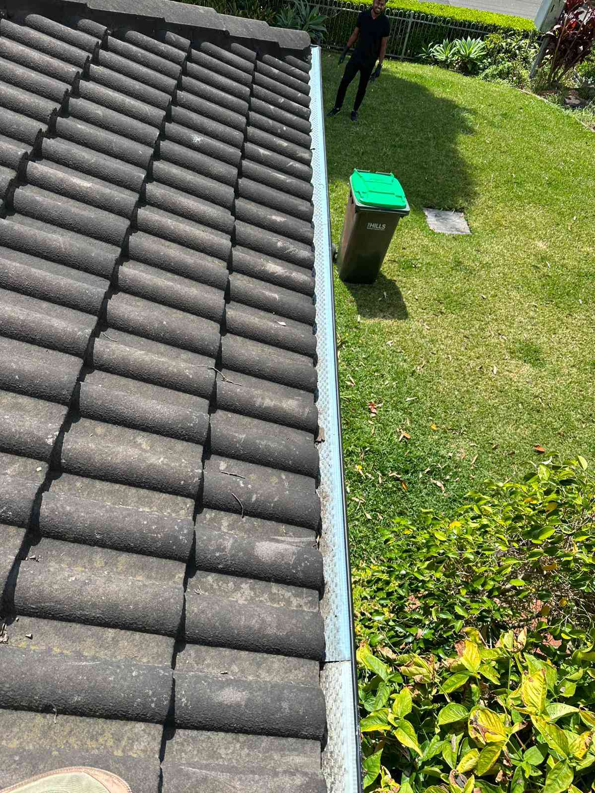 Gutter cleared of leaves along a tiled roof