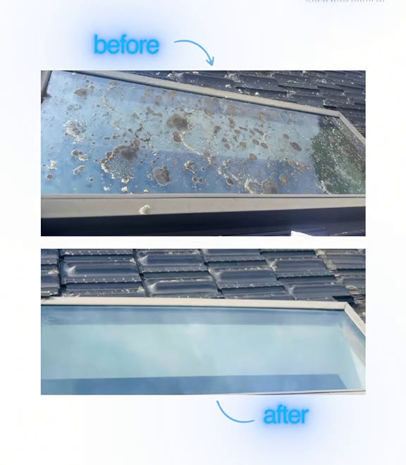 Skylight before and after cleaning — dirty glass, then clear glass