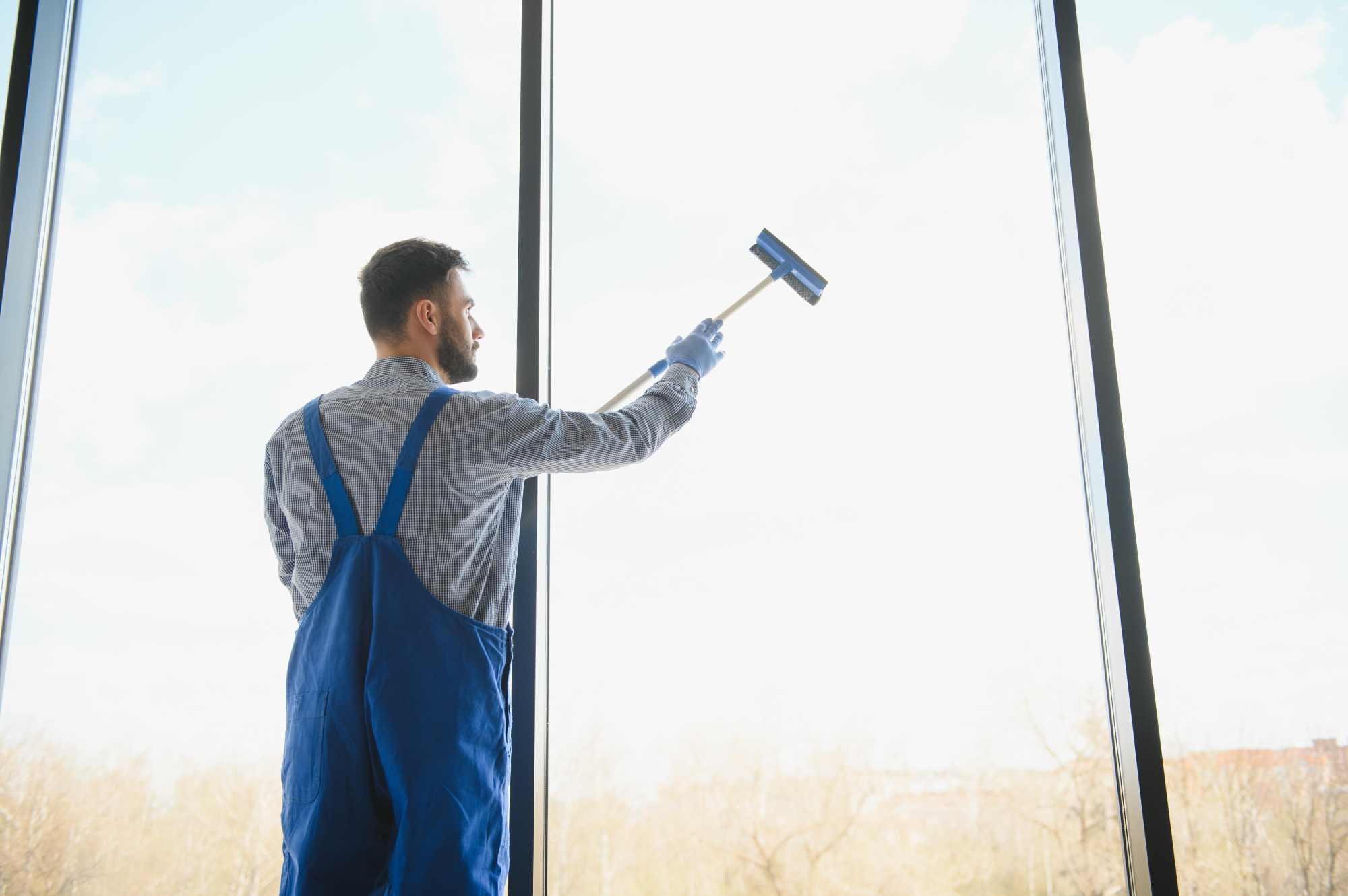 Window cleaner in blue overalls using a squeegee on a tall glass window